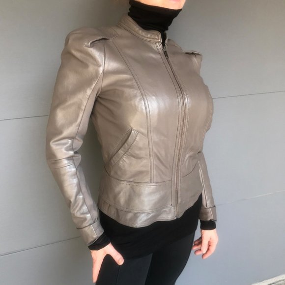 Hinge Puff Shoulder Gray fitted Leather Jacket S - Picture 1 of 12